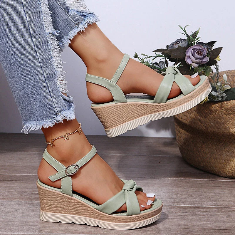 Orania Sandals | Knot Detail Wedge Sandals with Buckle Strap