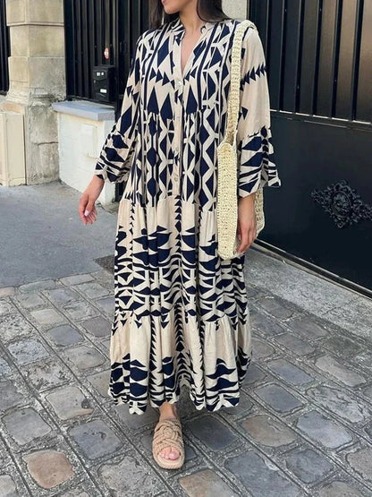 Oretha Dress | Boho Maxi Dress with Long Sleeves and Geometric Print