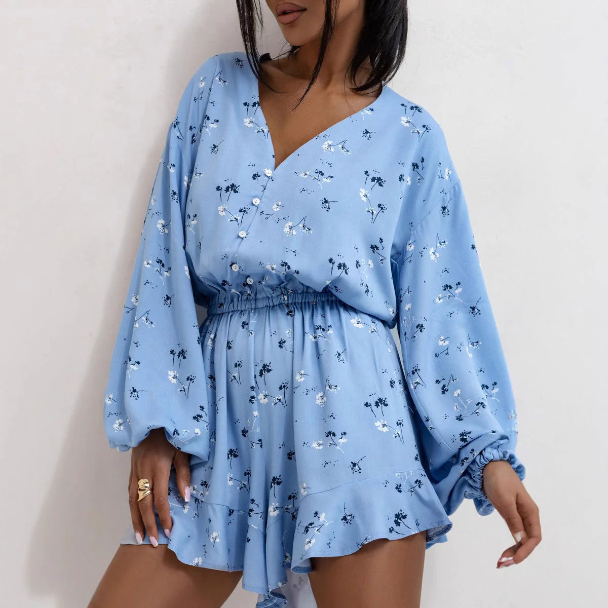 Oriana Romper | Long Sleeve V-Neck Cinched Waist Printed Romper