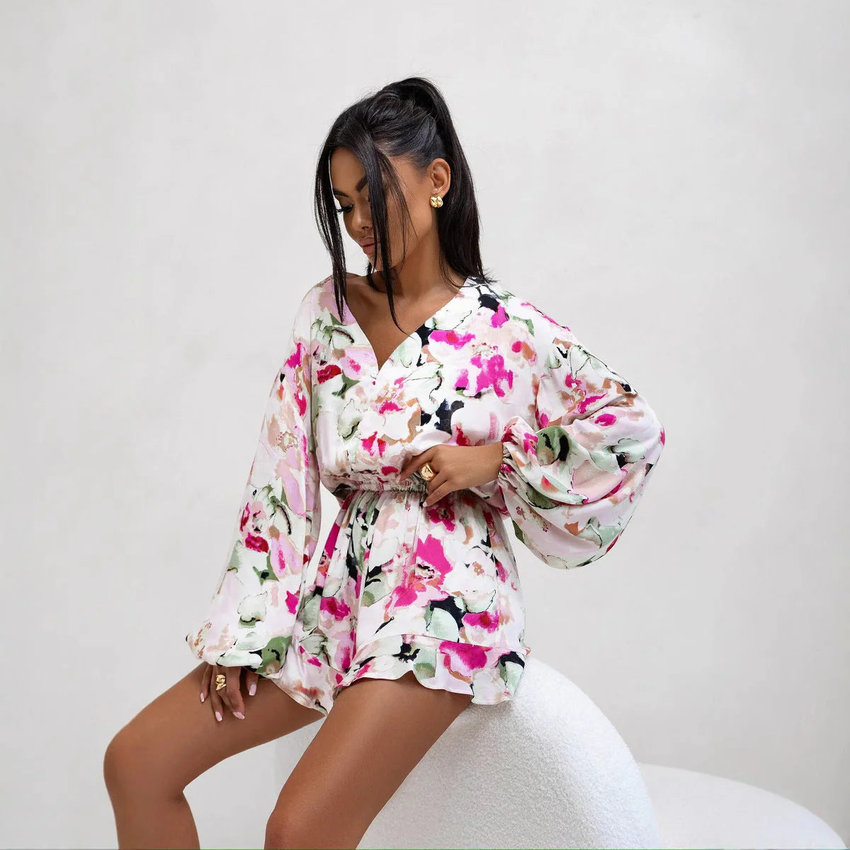 Oriana Romper | Long Sleeve V-Neck Cinched Waist Printed Romper