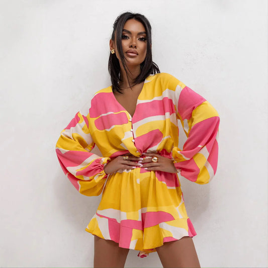 Oriana Romper | Long Sleeve V-Neck Cinched Waist Printed Romper