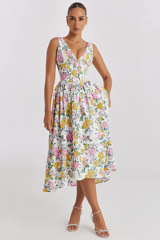 Orlita Dress | Floral Sleeveless Midi Dress with Fitted Bodice