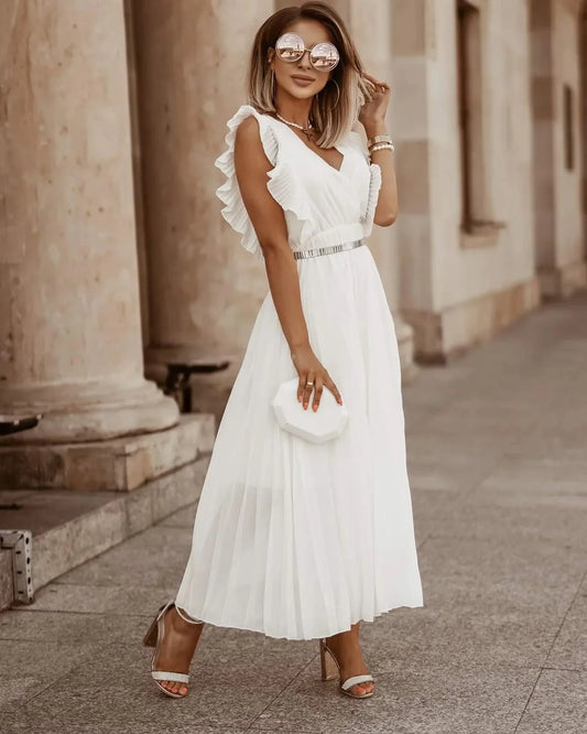 Ornella Dress | White Pleated Maxi Dress with Ruffle Sleeves