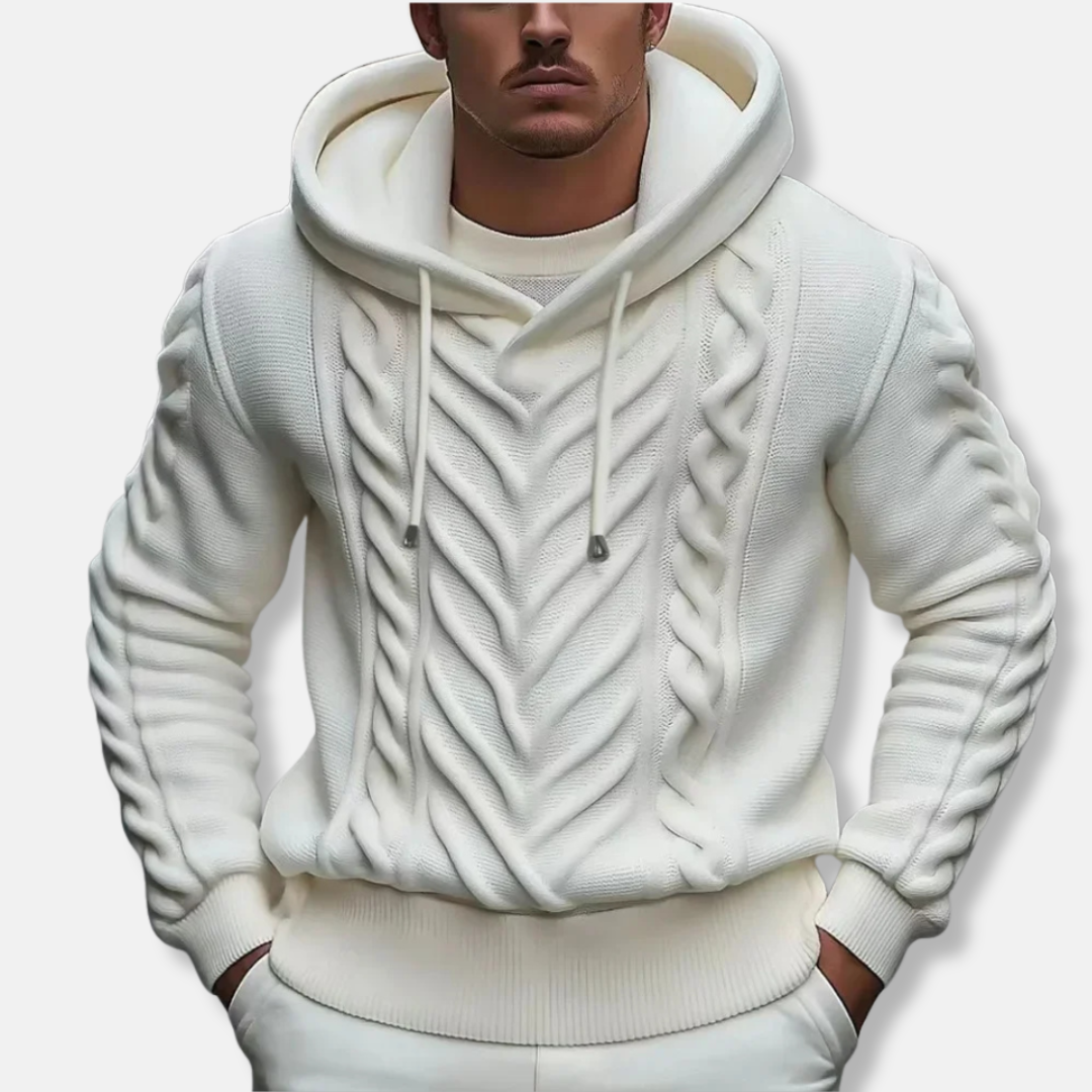 Men’s Hooded Pullover Sweater – Wool Knit – Cable Pattern – V-Neck – Relaxed Fit
