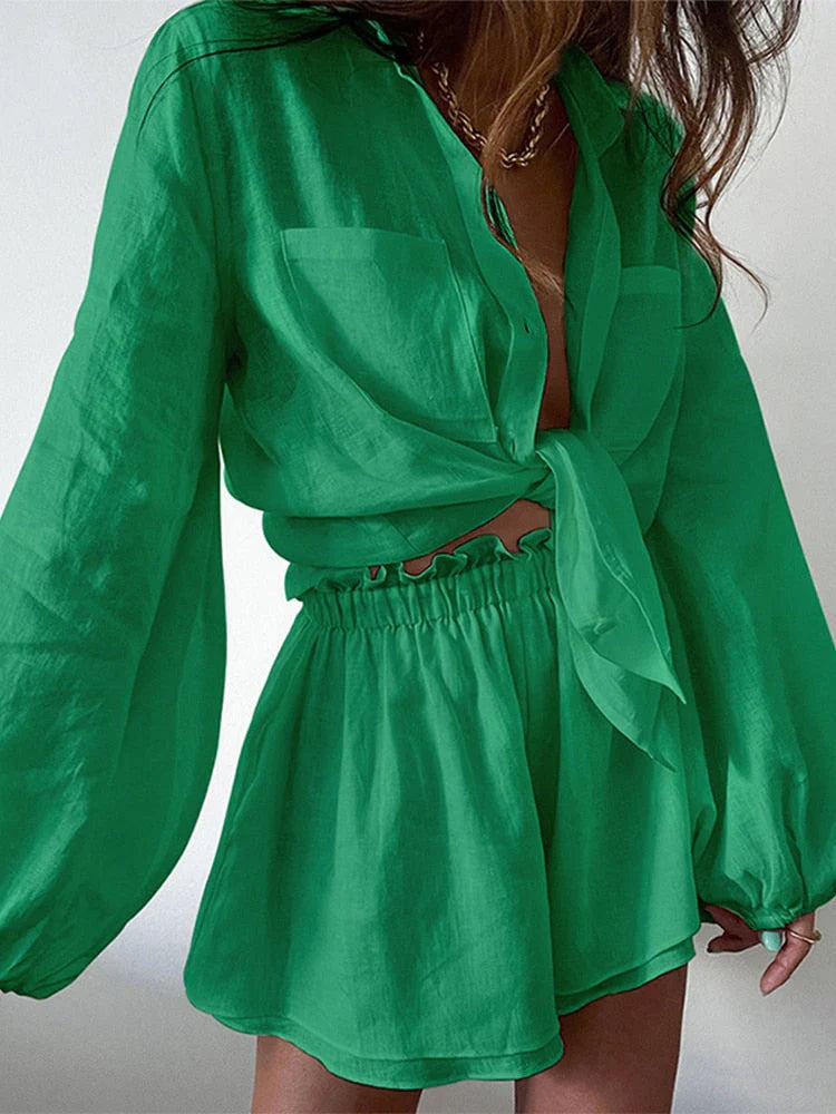 Pammie Two-Piece Outfit | Button-Up Shirt & Shorts in Cotton Linen Blend