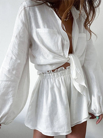 Pammie Two-Piece Outfit | Button-Up Shirt & Shorts in Cotton Linen Blend