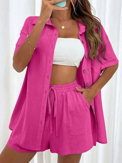 Paulina Casual Two-Piece Set | Short Sleeve Shirt & Drawstring Shorts