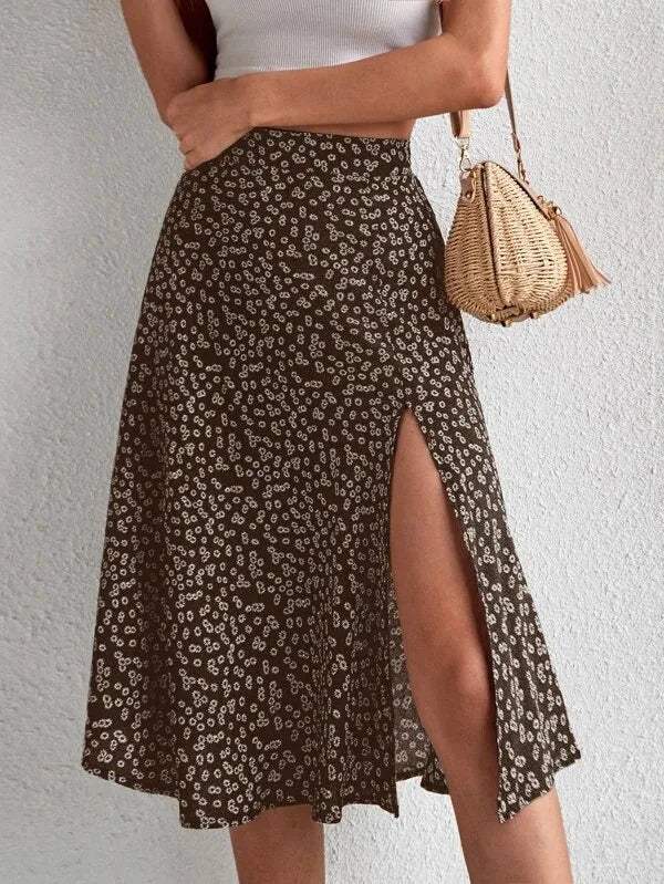 Pazia Midi Skirt | High Waist Floral A-Line with Slit