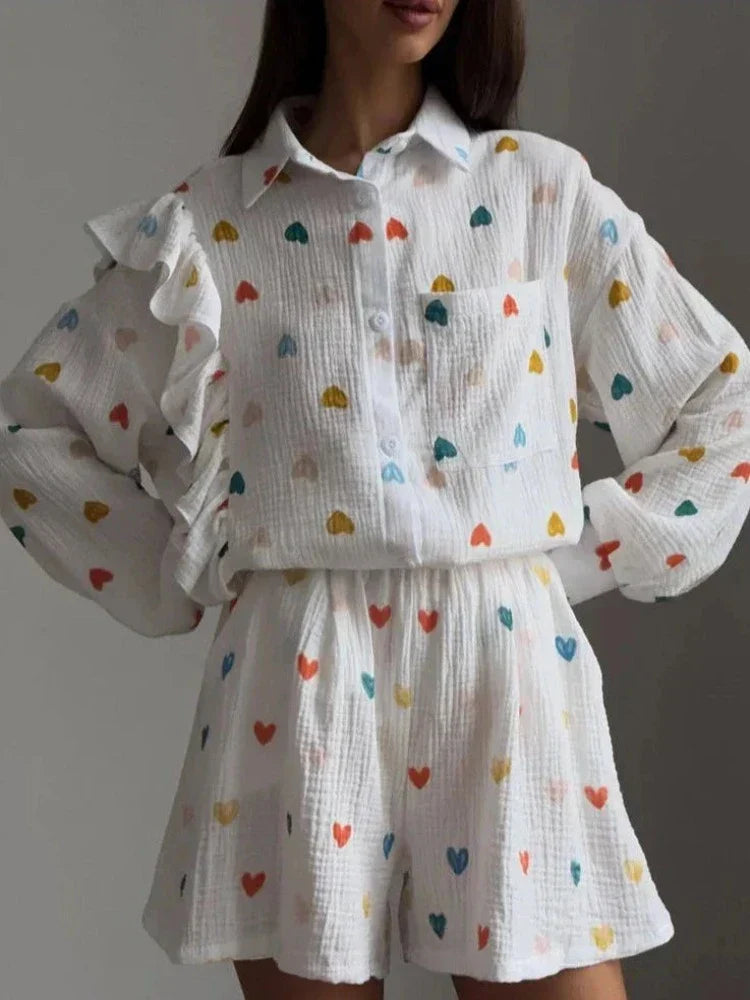 Peaches Co-ord Set | Ruffled Blouse & Shorts with Heart Print