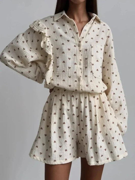 Peaches Co-ord Set | Ruffled Blouse & Shorts with Heart Print