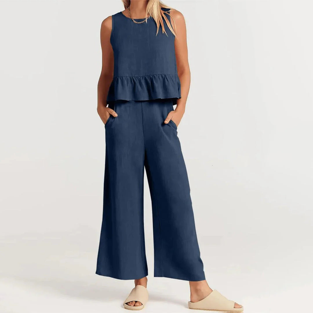Pearlina Matching Set | Sleeveless Peplum Top & Wide-Leg Trousers