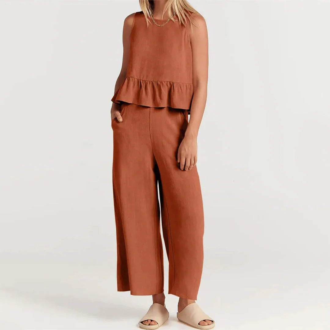 Pearlina Matching Set | Sleeveless Peplum Top & Wide-Leg Trousers