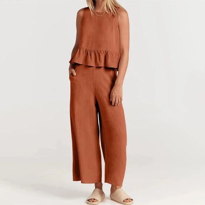 Pearlina Matching Set | Sleeveless Peplum Top & Wide-Leg Trousers