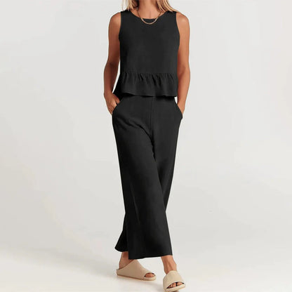 Pearlina Matching Set | Sleeveless Peplum Top & Wide-Leg Trousers