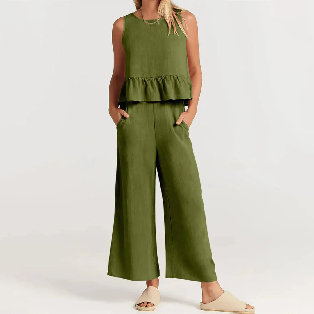 Pearlina Matching Set | Sleeveless Peplum Top & Wide-Leg Trousers