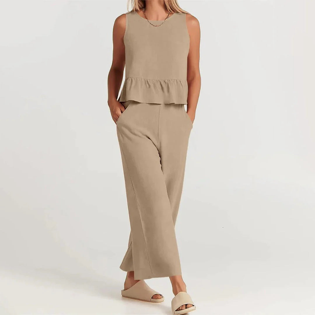 Pearlina Matching Set | Sleeveless Peplum Top & Wide-Leg Trousers