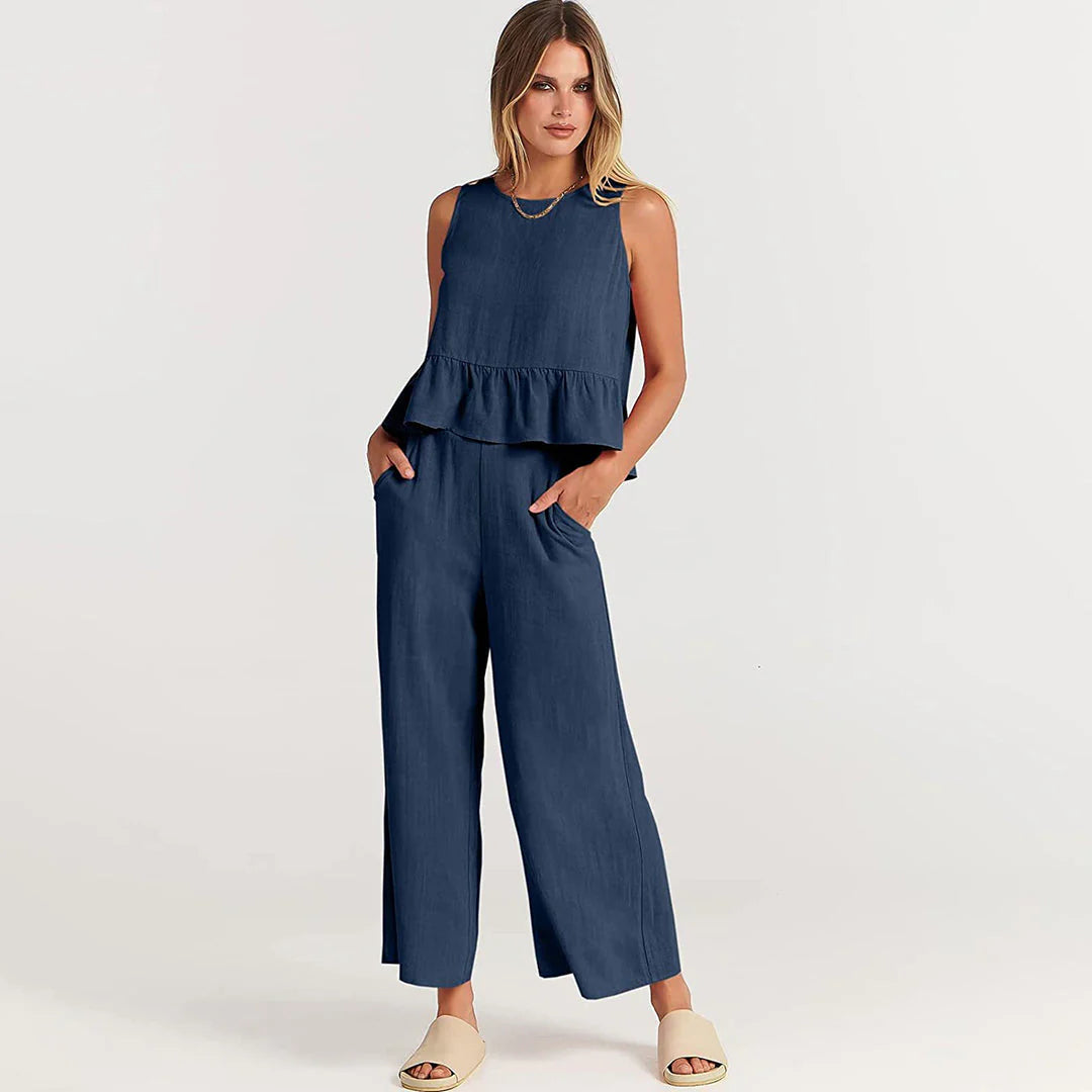 Pearlina Matching Set | Sleeveless Peplum Top & Wide-Leg Trousers