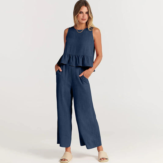 Pearlina Matching Set | Sleeveless Peplum Top & Wide-Leg Trousers