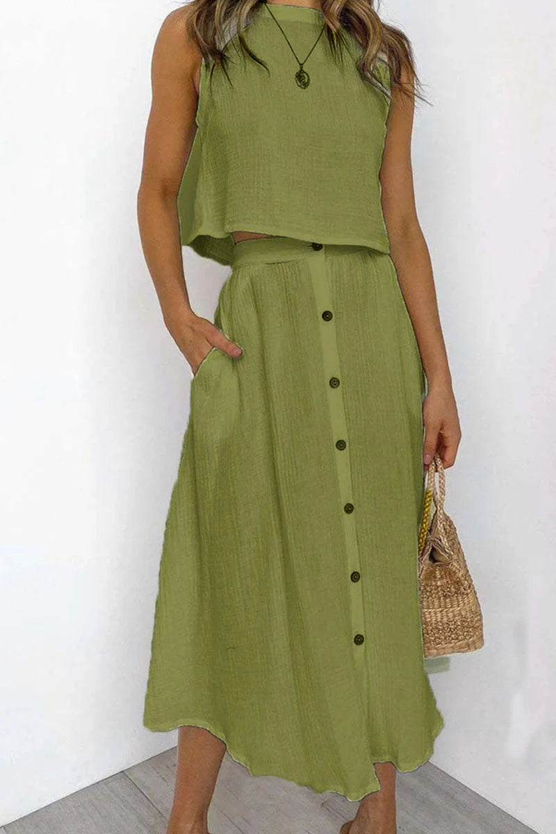 Penina Two-Piece Outfit | Sleeveless Crop Top & Button-Front Midi Skirt