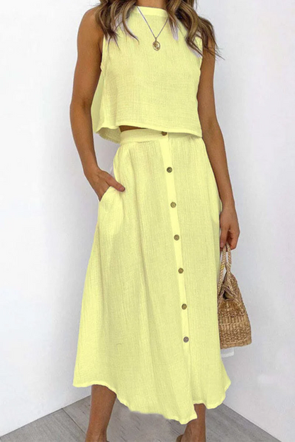 Penina Two-Piece Outfit | Sleeveless Crop Top & Button-Front Midi Skirt