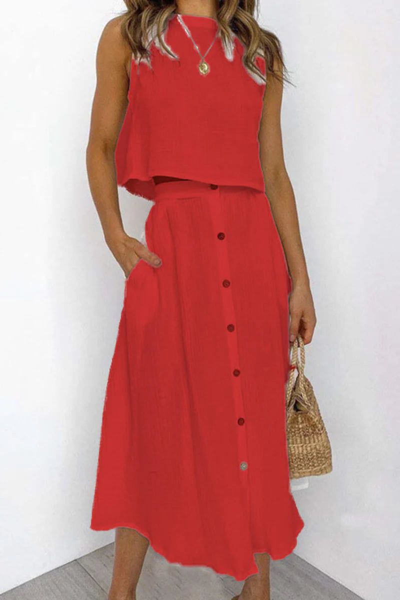 Penina Two-Piece Outfit | Sleeveless Crop Top & Button-Front Midi Skirt