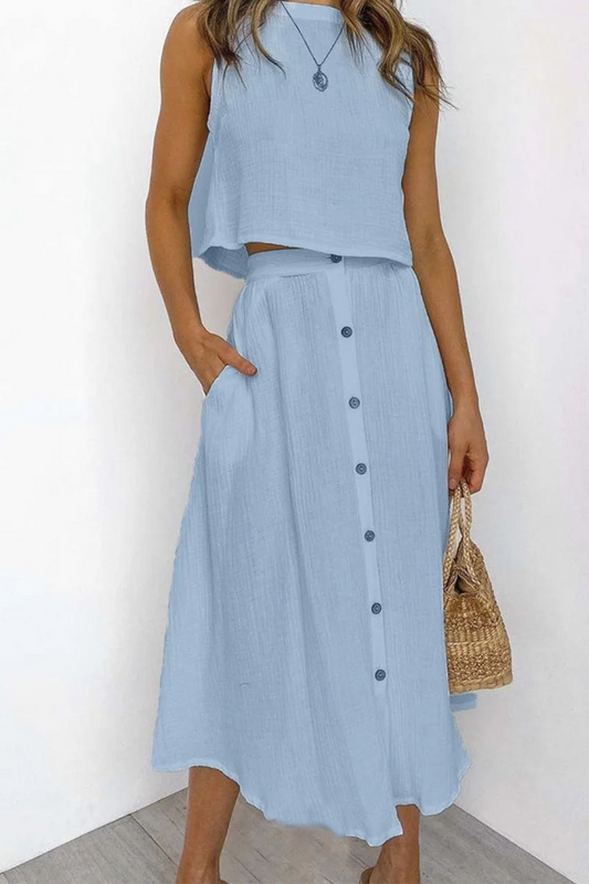 Penina Two-Piece Outfit | Sleeveless Crop Top & Button-Front Midi Skirt