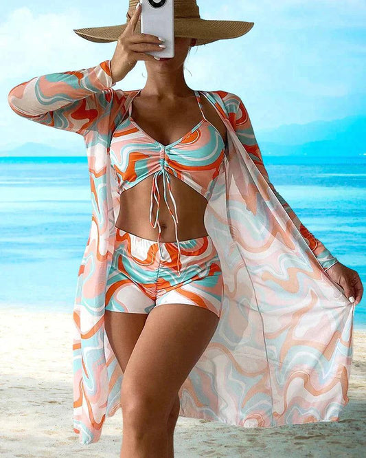 Philomina Bikini Set | 3-Piece Swirl Print with Drawstring Top, Shorts & Cover-Up