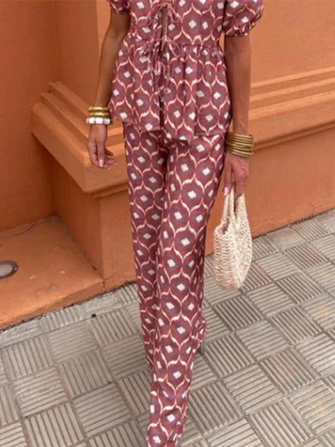 Piera Two-Piece Linen Set | Puff Sleeve Tie-Front Top & High-Waist Pants