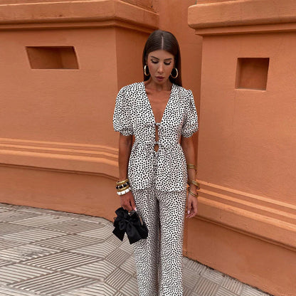 Piera Two-Piece Linen Set | Puff Sleeve Tie-Front Top & High-Waist Pants