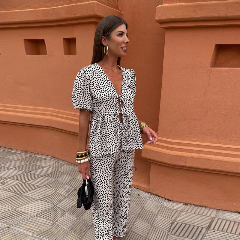 Piera Two-Piece Linen Set | Puff Sleeve Tie-Front Top & High-Waist Pants