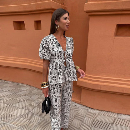 Piera Two-Piece Linen Set | Puff Sleeve Tie-Front Top & High-Waist Pants