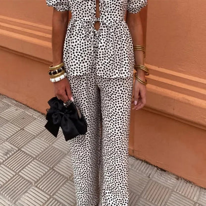 Piera Two-Piece Linen Set | Puff Sleeve Tie-Front Top & High-Waist Pants