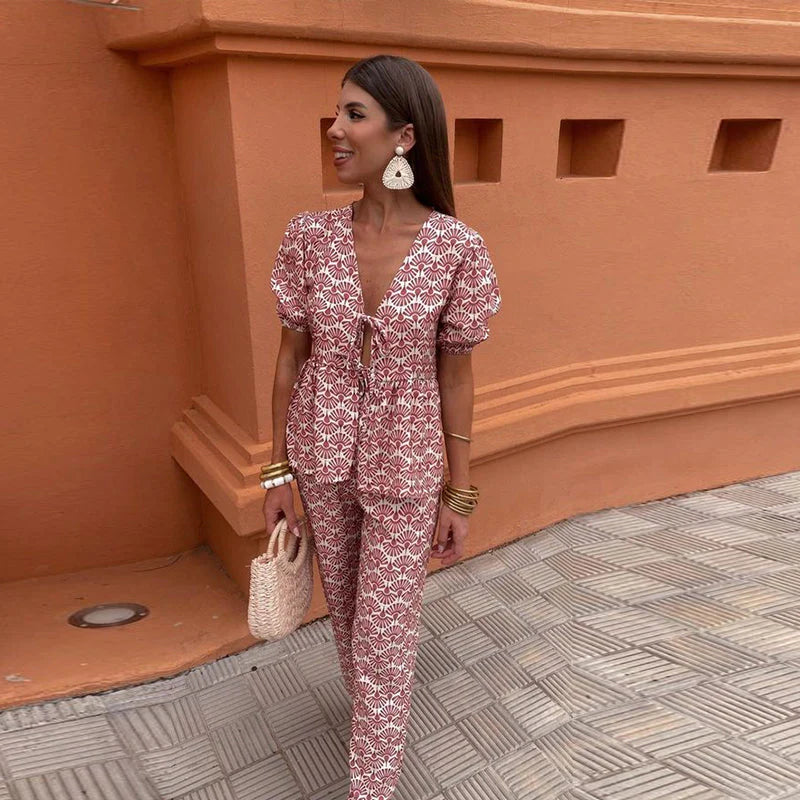 Piera Two-Piece Linen Set | Puff Sleeve Tie-Front Top & High-Waist Pants