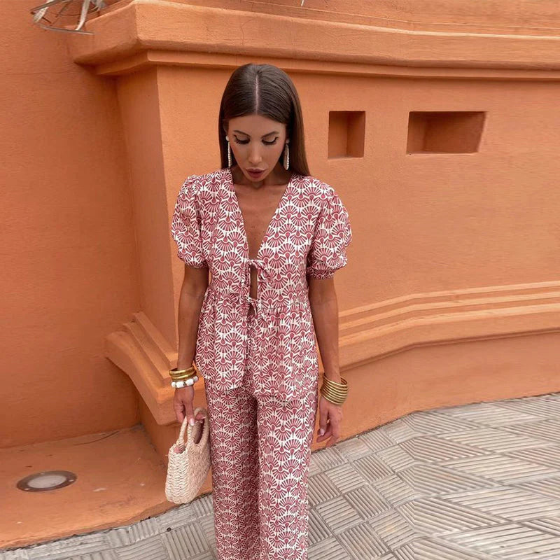 Piera Two-Piece Linen Set | Puff Sleeve Tie-Front Top & High-Waist Pants