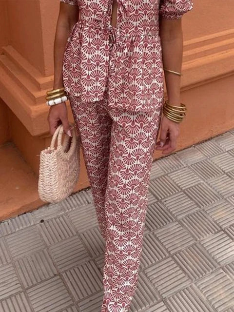 Piera Two-Piece Linen Set | Puff Sleeve Tie-Front Top & High-Waist Pants