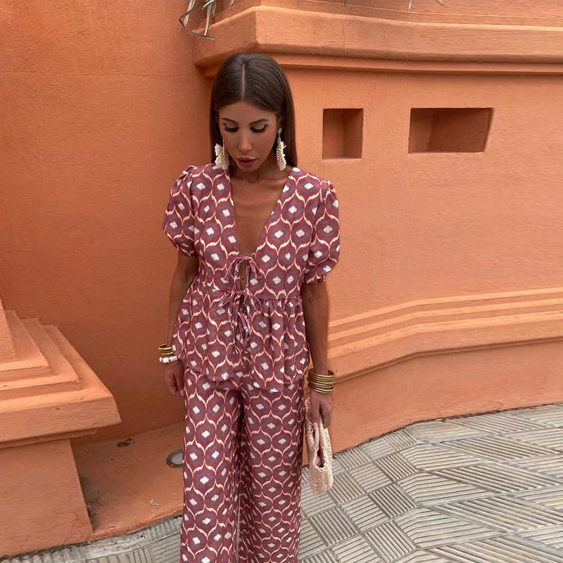 Piera Two-Piece Linen Set | Puff Sleeve Tie-Front Top & High-Waist Pants