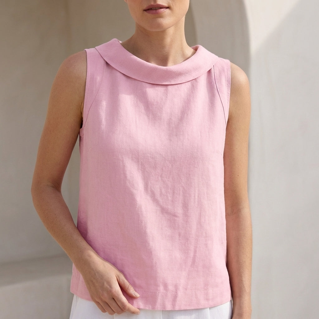 Maria Relaxed Fit Sleeveless Top | Roll Collar Curved Hem Top