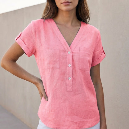 Isabella Relaxed Fit Button-Front Shirt | V-Neck Chest Pockets Shirt