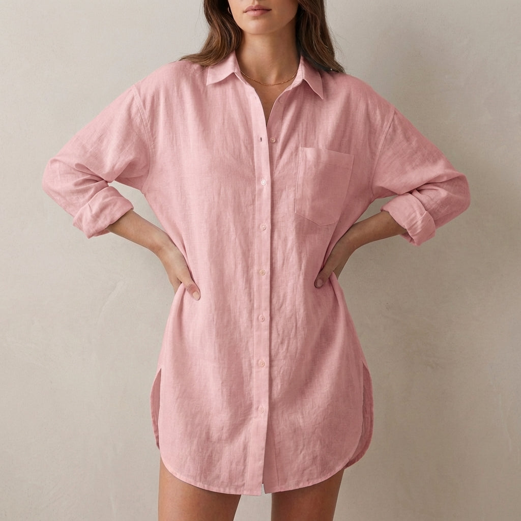 Isla Oversized Tunic Shirt | Collared V-Neck Button Front Shirt