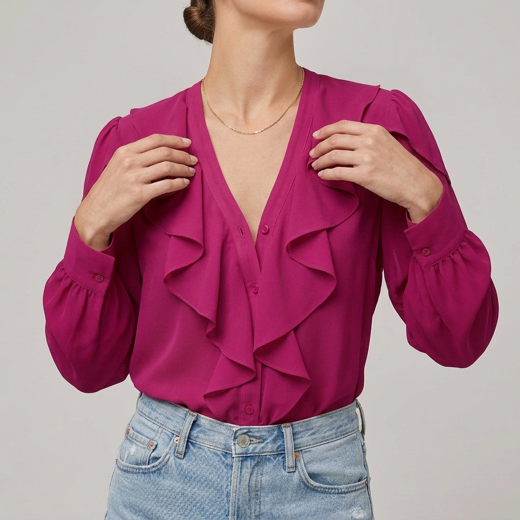 Beatrice Ruffled V-Neck Blouse | Relaxed Fit Long Sleeve Blouse