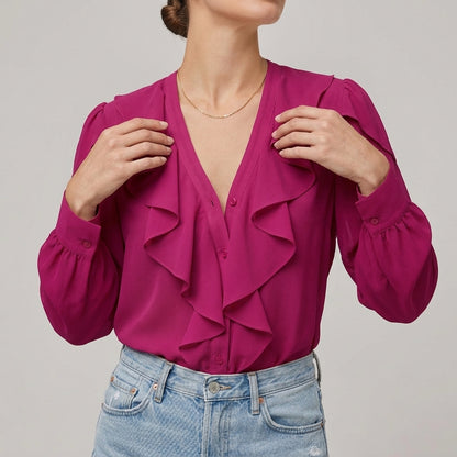 Beatrice Ruffled V-Neck Blouse | Relaxed Fit Long Sleeve Blouse