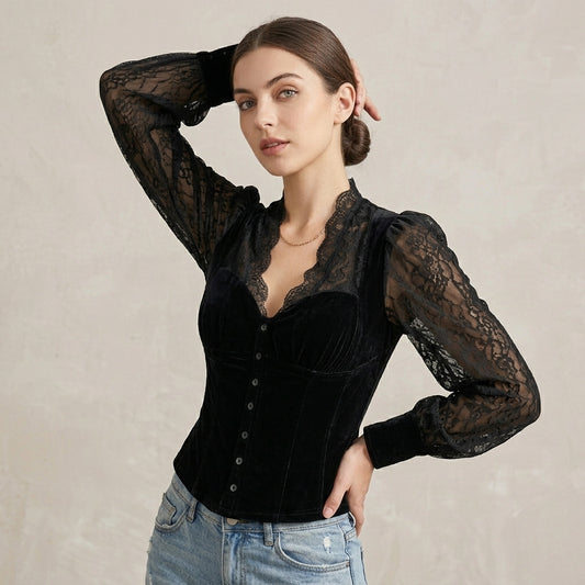 Sienna Slim Fit Blouse | Lace Trim Button Front Blouse