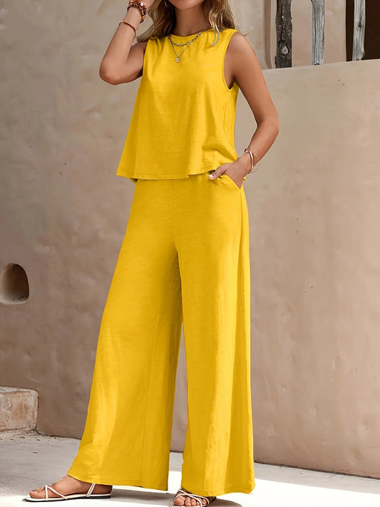 Praveena Two-Piece Linen Set | Sleeveless Top & Wide-Leg Pants