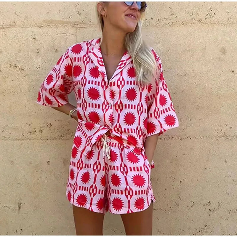 Prisca Co-ord Cotton Set | Geometric Button-Up Shirt & Shorts