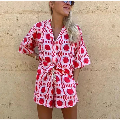 Prisca Co-ord Cotton Set | Geometric Button-Up Shirt & Shorts