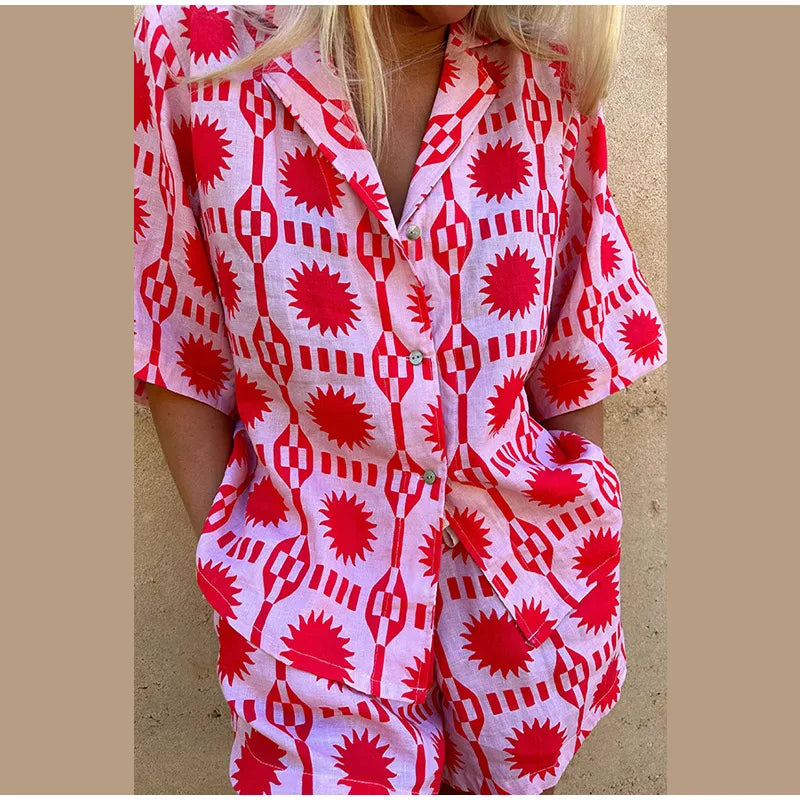 Prisca Co-ord Cotton Set | Geometric Button-Up Shirt & Shorts