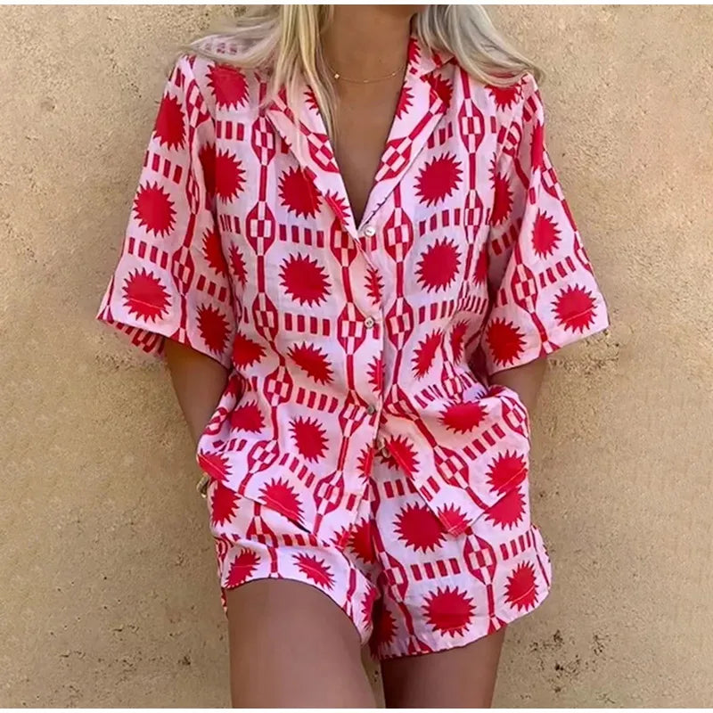Prisca Co-ord Cotton Set | Geometric Button-Up Shirt & Shorts