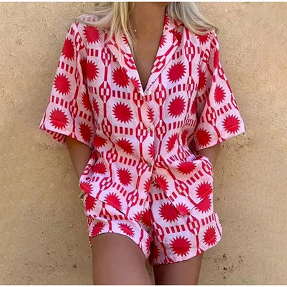 Prisca Co-ord Cotton Set | Geometric Button-Up Shirt & Shorts