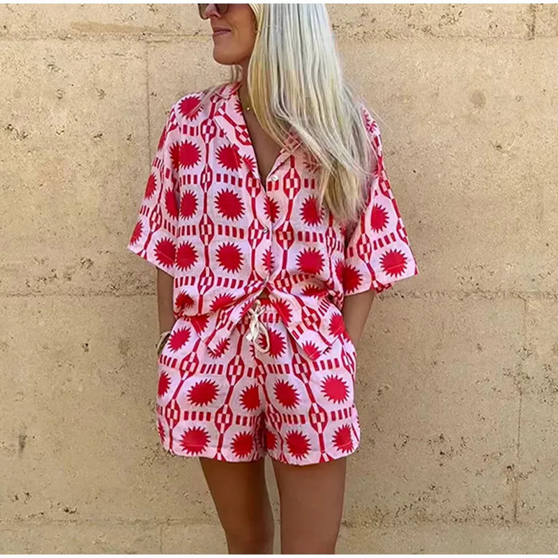 Prisca Co-ord Cotton Set | Geometric Button-Up Shirt & Shorts
