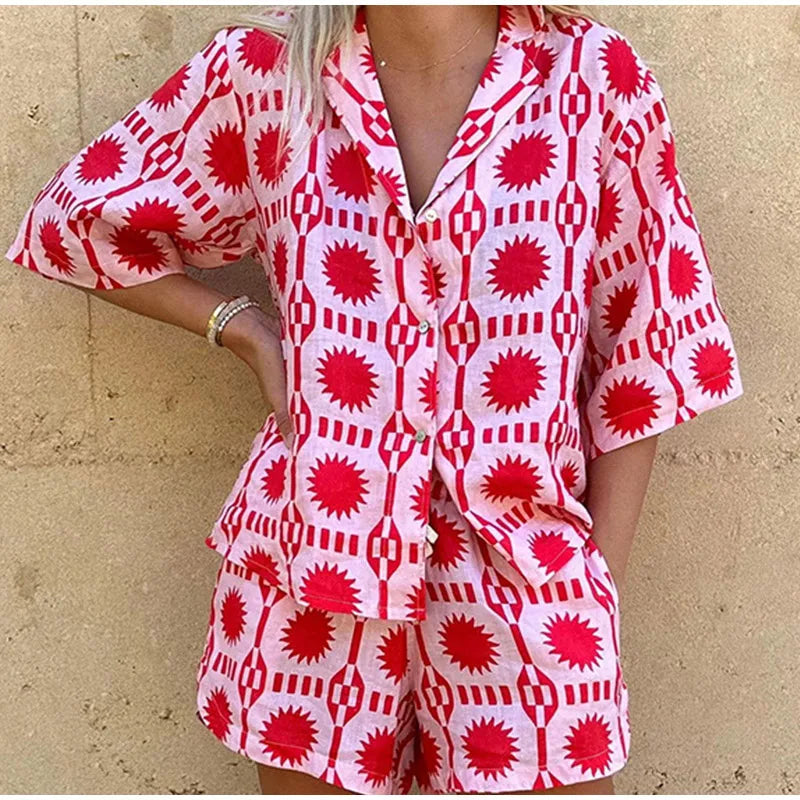 Prisca Co-ord Cotton Set | Geometric Button-Up Shirt & Shorts